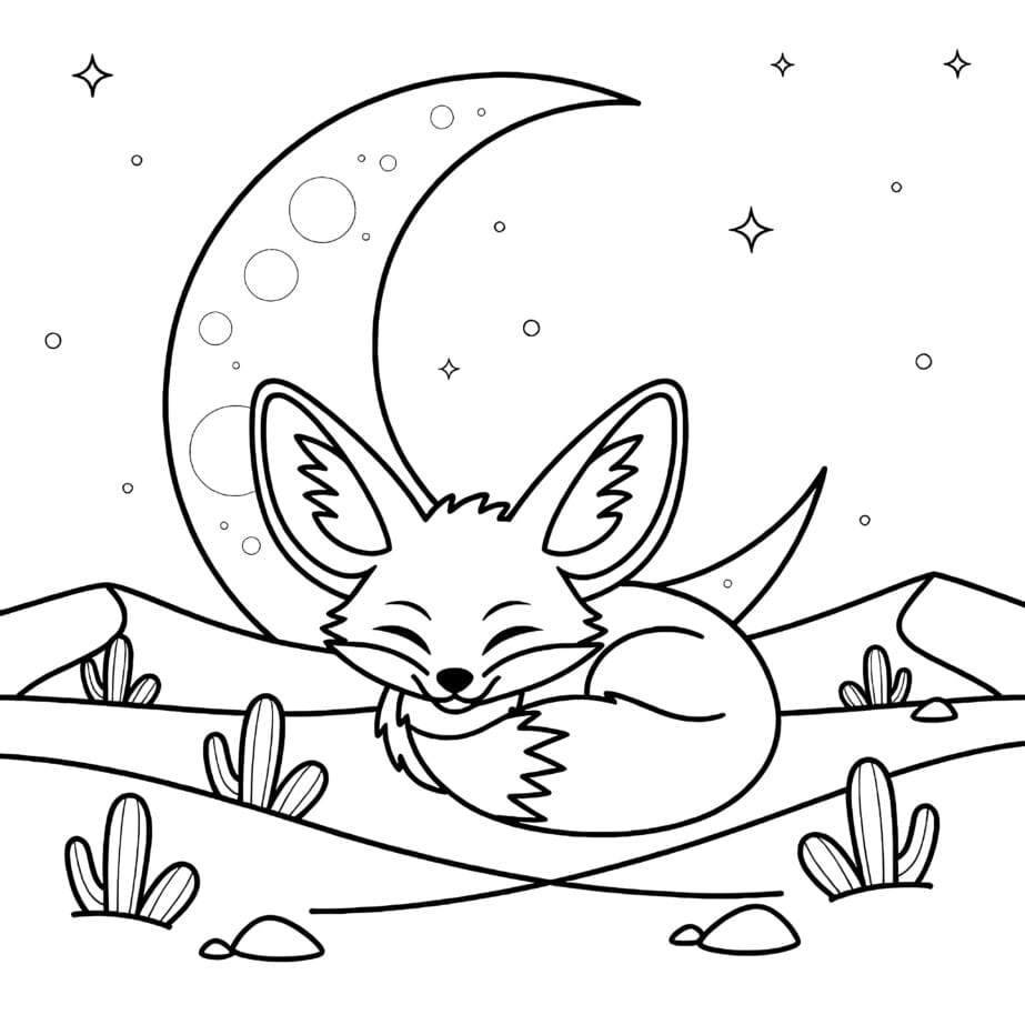 Fennec Fox Under Desert Moon Coloring Page