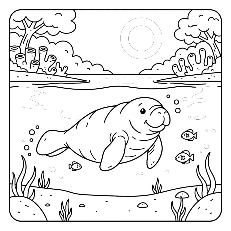 Manatee In Calm Lagoon Coloring Page