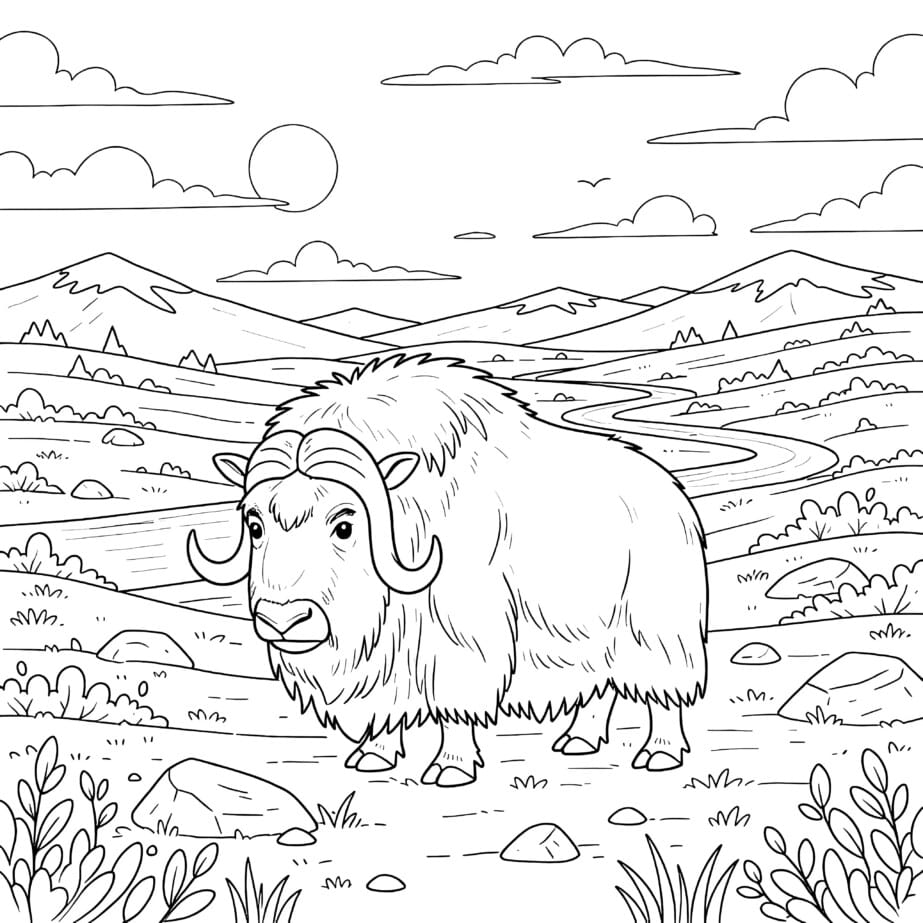 Musk Ox In Tundra Coloring Page