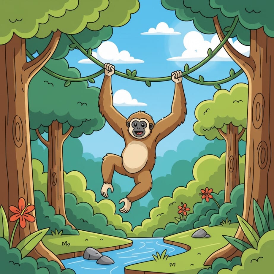 Gibbon Swinging Vines Coloring Page 2