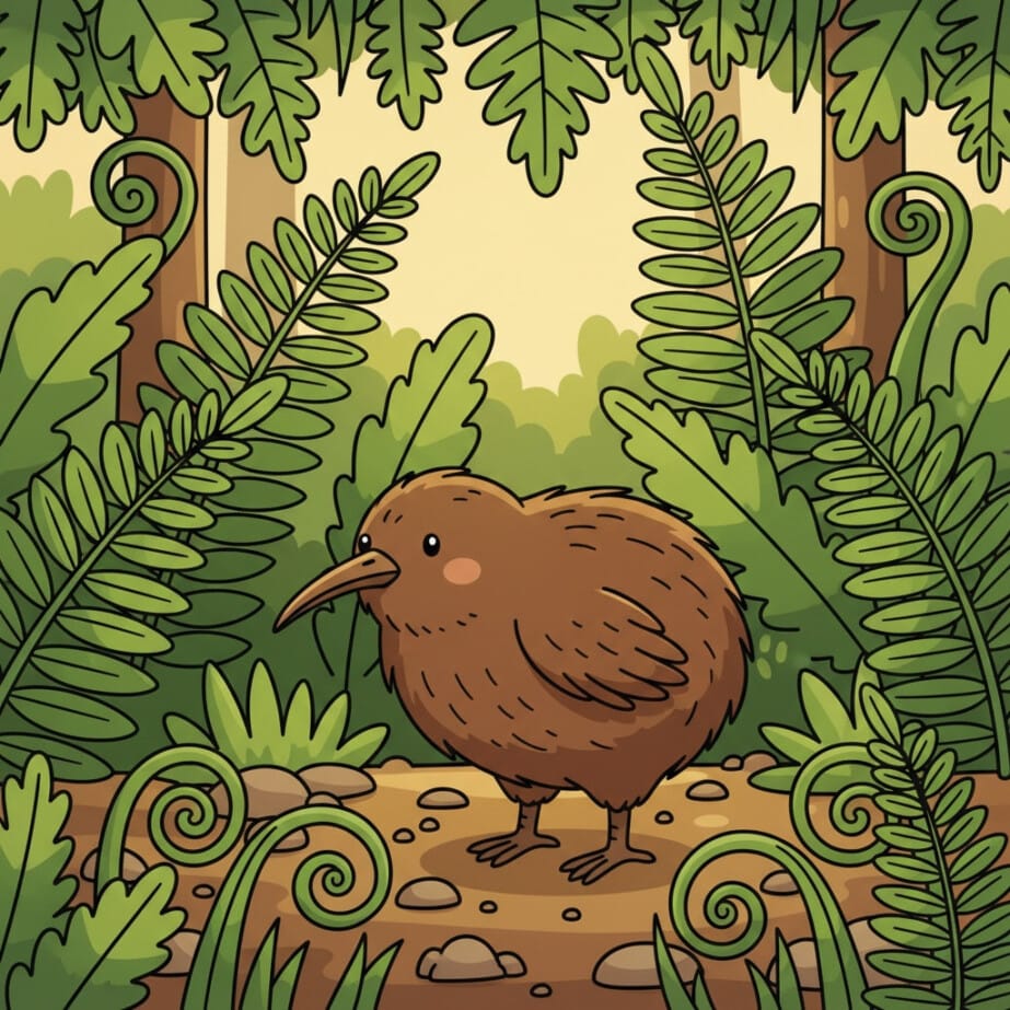 Kiwi Bird In Fern Forest Coloring Page 2