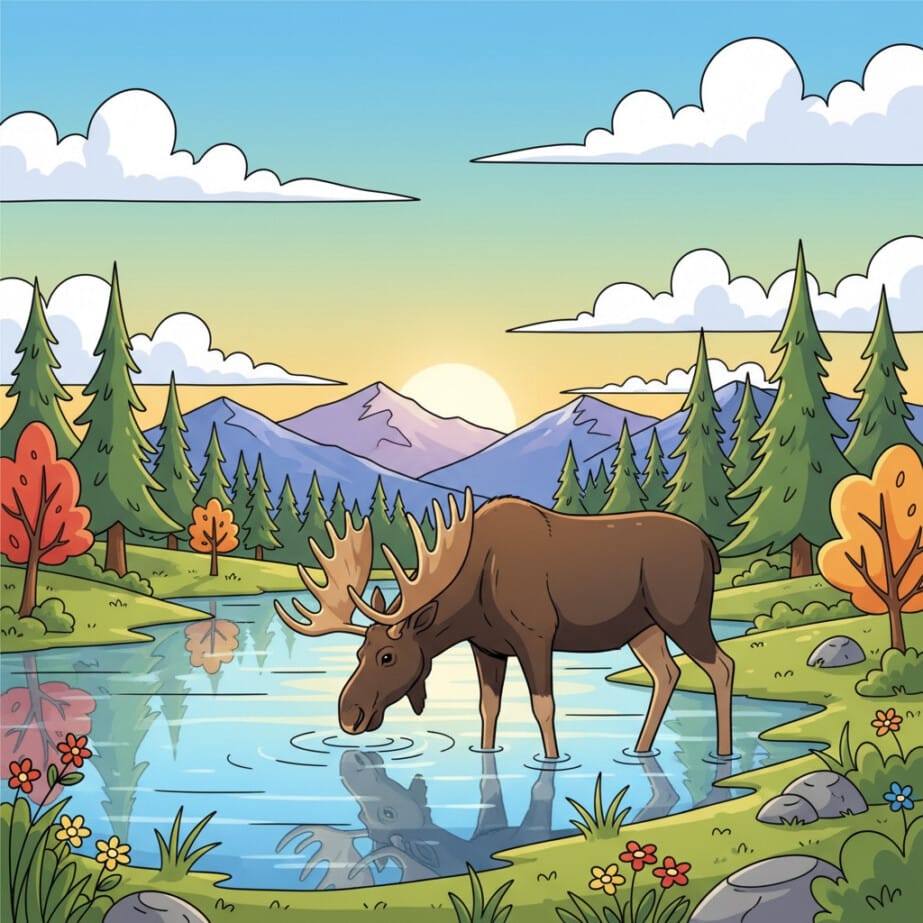 Moose By Lake Coloring Page 2