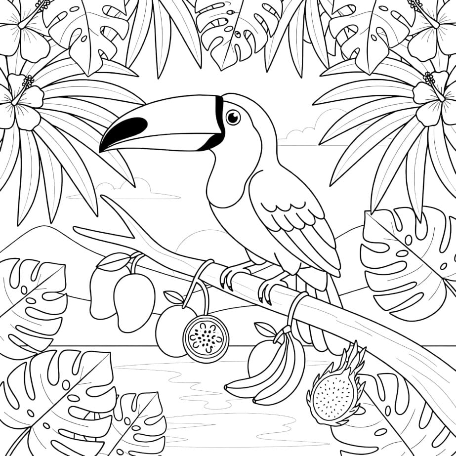 Toucan With Tropical Fruit Coloring Page