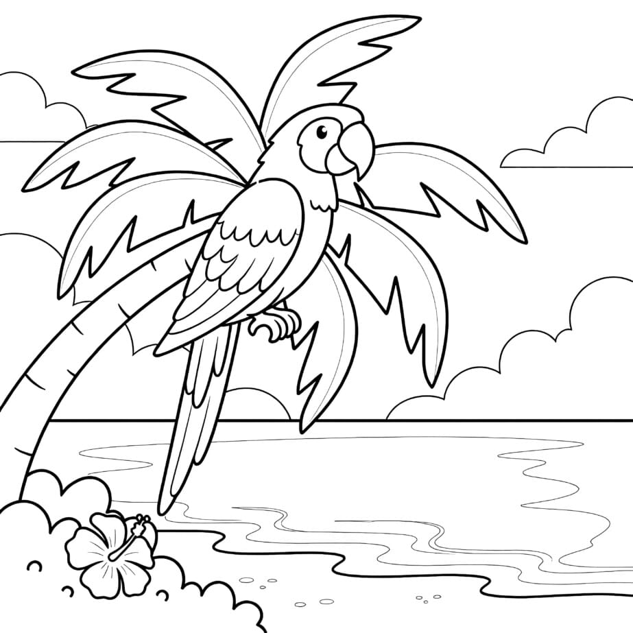 Macaw In Palm Tree Coloring Page