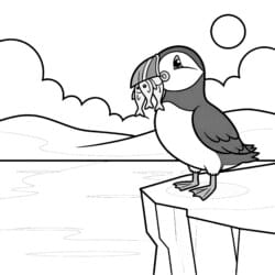 Puffin With Fish Coloring Page - Printable Coloring page