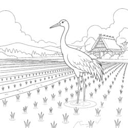 Crane In Rice Field Coloring Page - Printable Coloring page