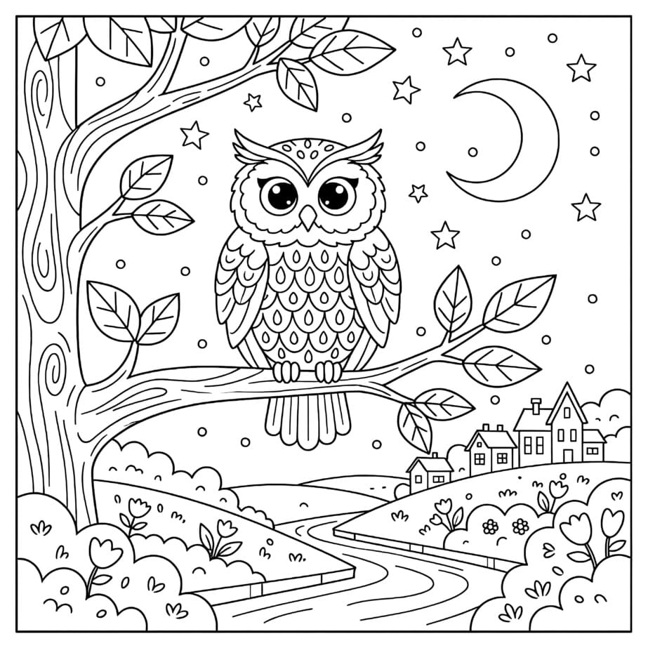 Owl In Night Sky Coloring Page