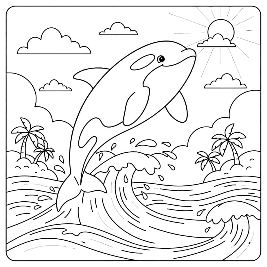 Orca Jumping Waves Coloring Page