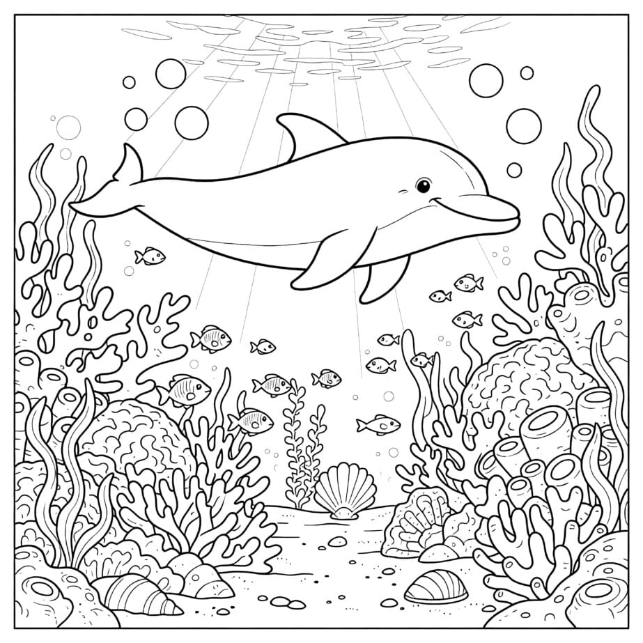 Dolphin And Coral Coloring Page