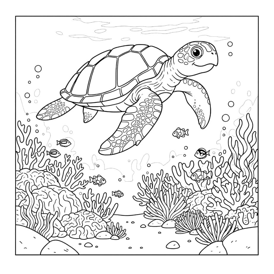 Sea Turtle And Corals Coloring Page