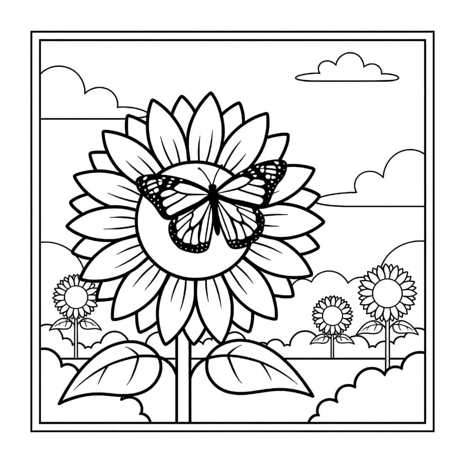Butterfly On Sunflower Coloring Page