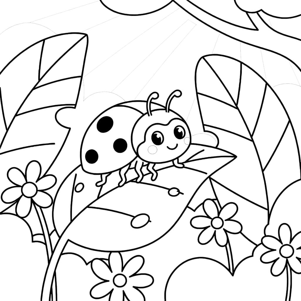 Ladybug On Leaf Coloring Page | Coloring Pages Mimi Panda
