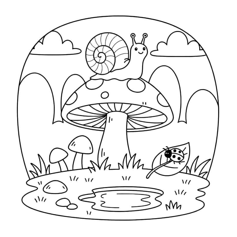Snail On Mushroom Coloring Page