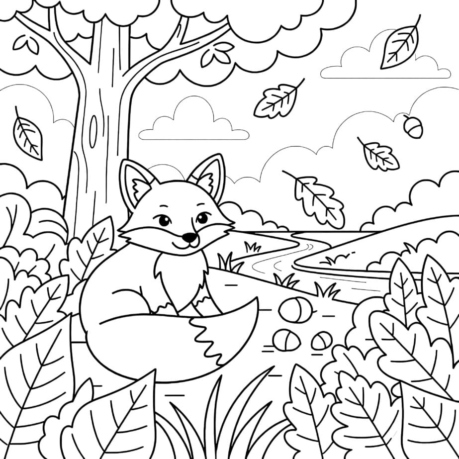 Fox In Autumn Leaves Coloring Page