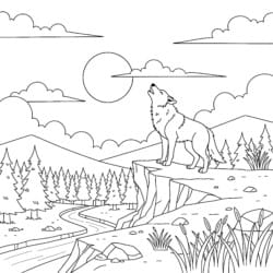 Wolf Howling Hill Coloring Page - Printable Coloring page