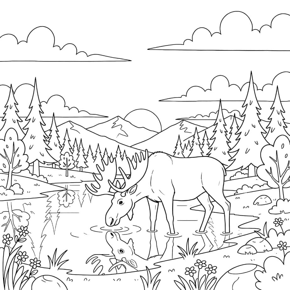 Moose By Lake Coloring Page