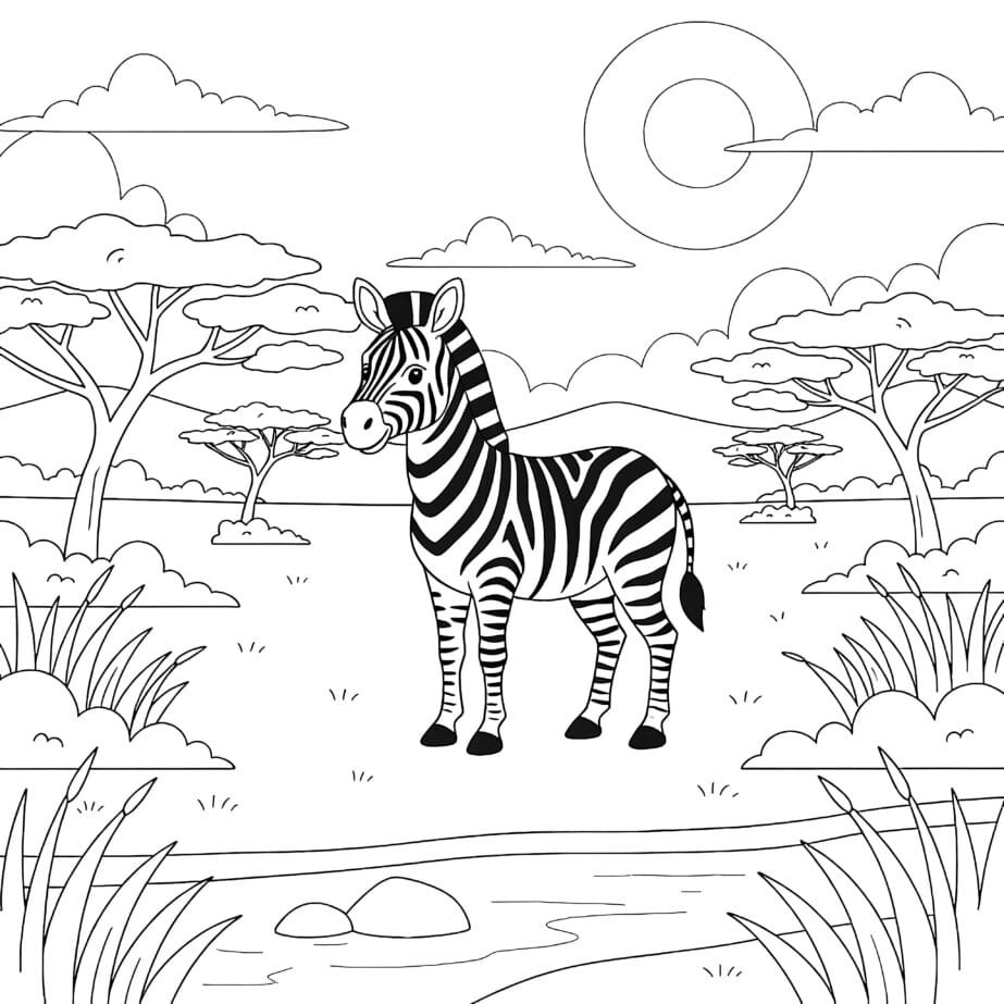 Zebra In Savanna Coloring Page