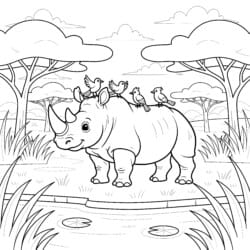 Rhino With Birds Coloring Page - Printable Coloring page