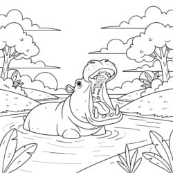 Hippo Yawning River Coloring Page - Printable Coloring page