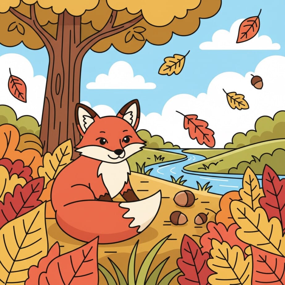 Fox In Autumn Leaves Coloring Page 2