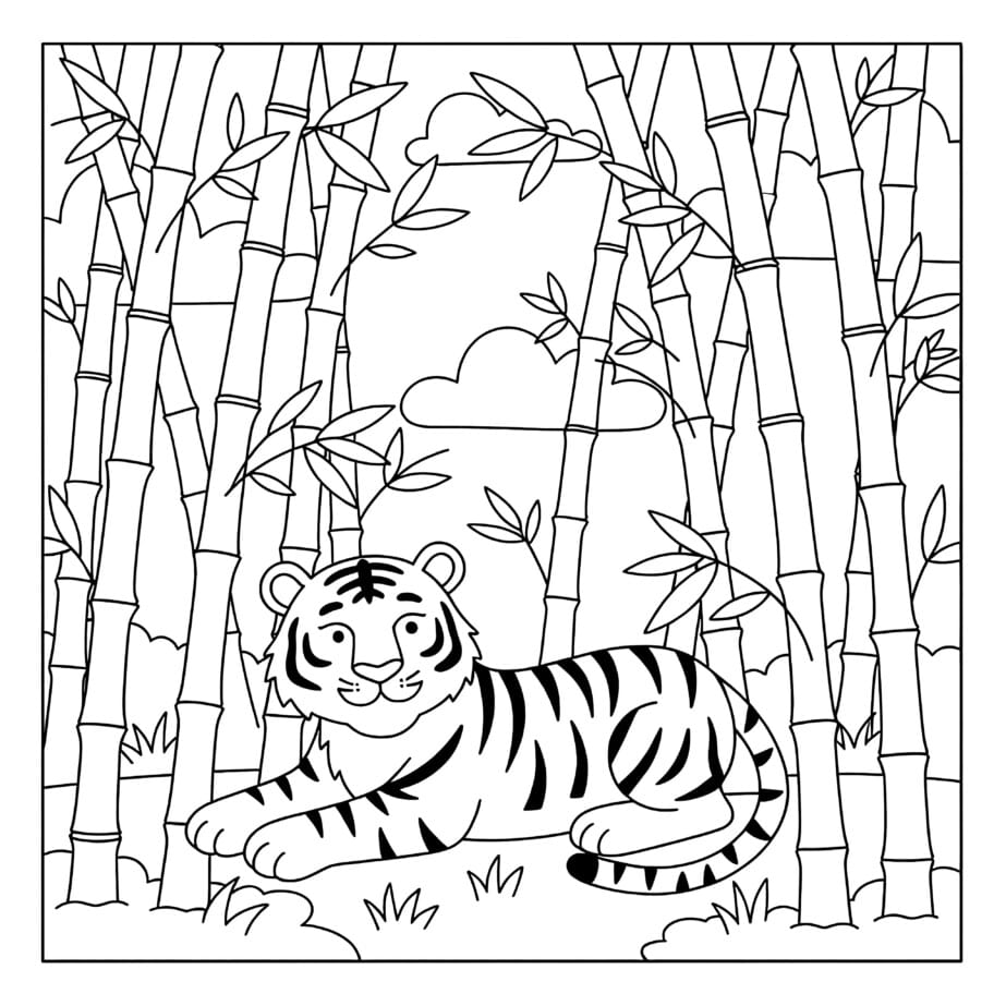 Tiger In Bamboo Coloring Page