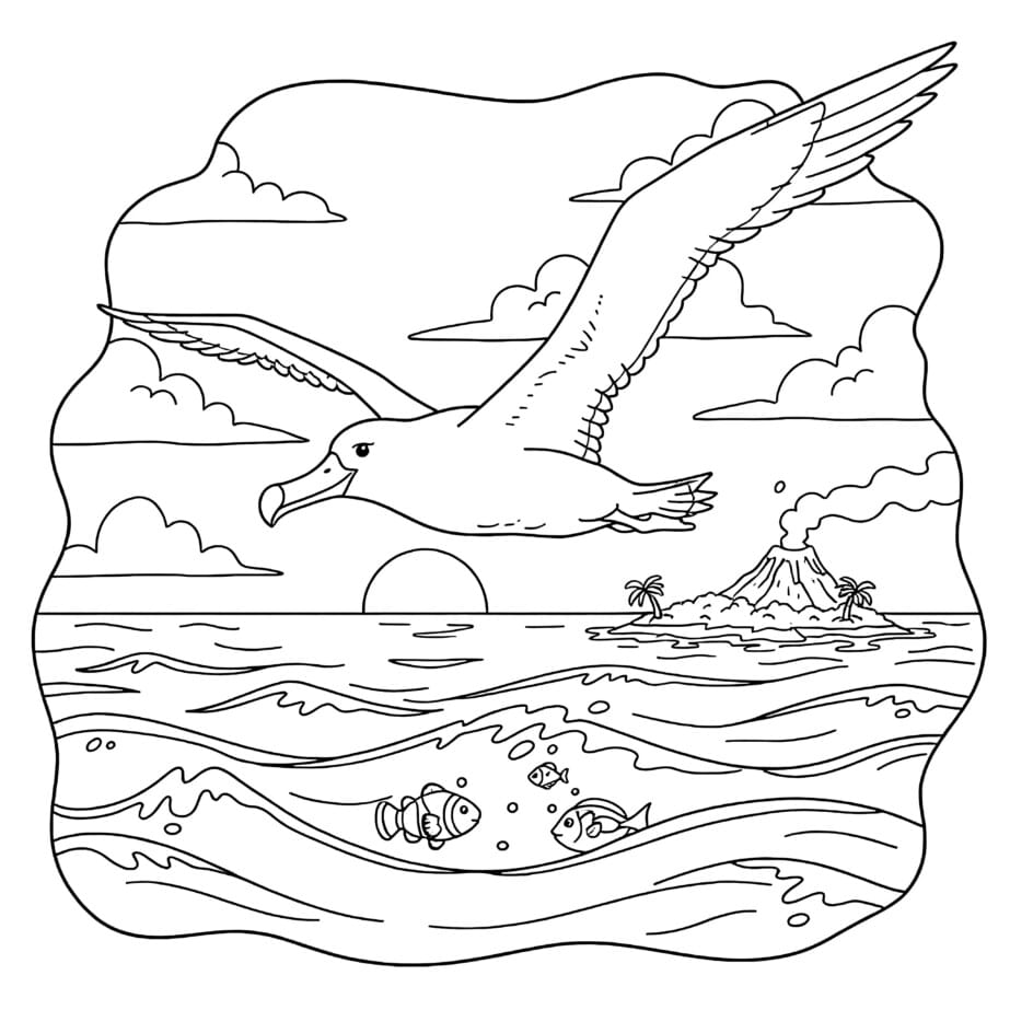Albatross Over Ocean Coloring Page