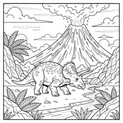 Triceratops Ve Volkan Boyama Sayfası - Yazdırılabilir Boyama sayfası