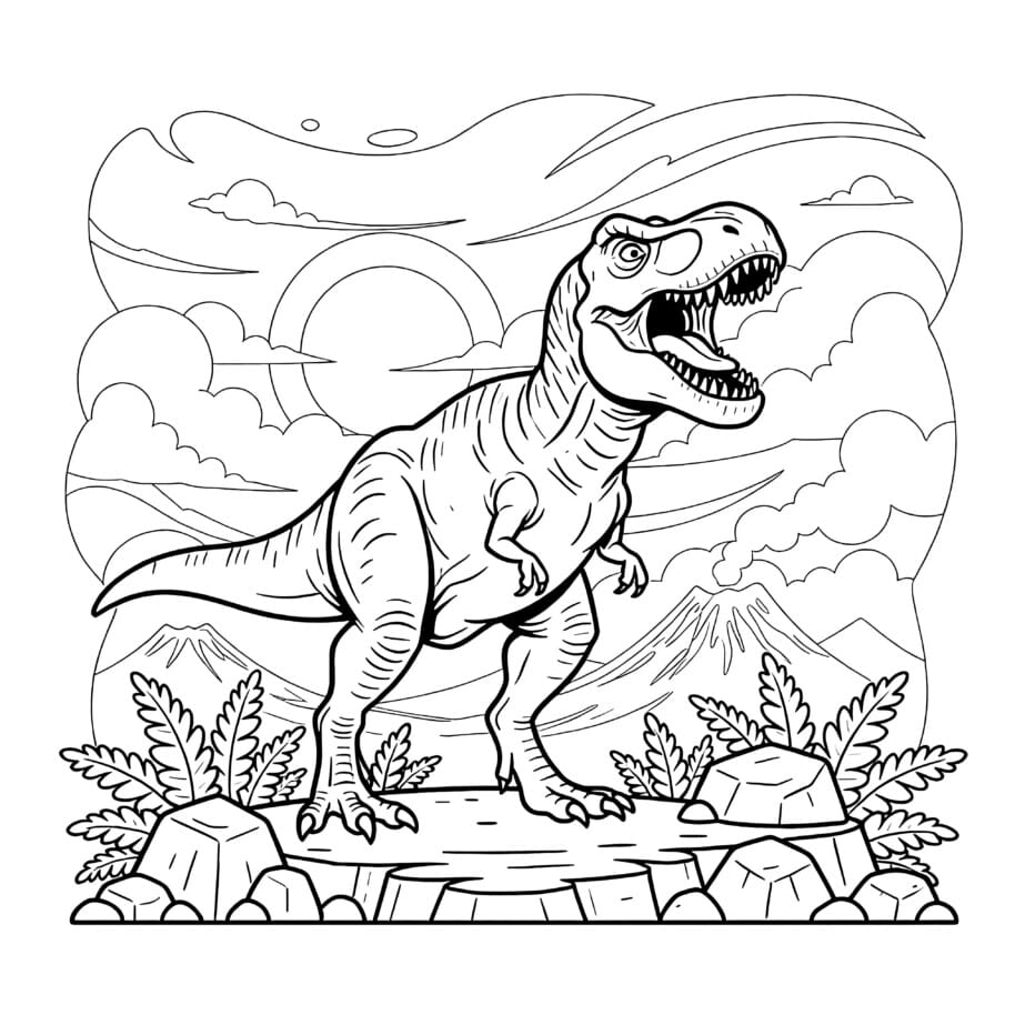 Kükreyen T-Rex Basit Sahne Boyama Sayfası