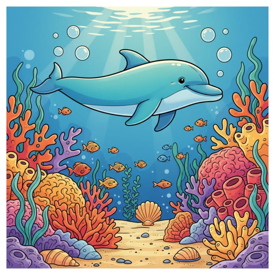 Dolphin And Coral Coloring Page 2