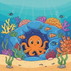 Octopus In Coral Cave Coloring Page - Origin image
