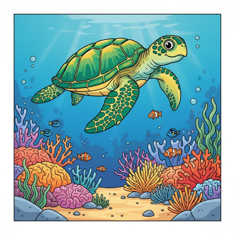 Sea Turtle And Corals Coloring Page 2