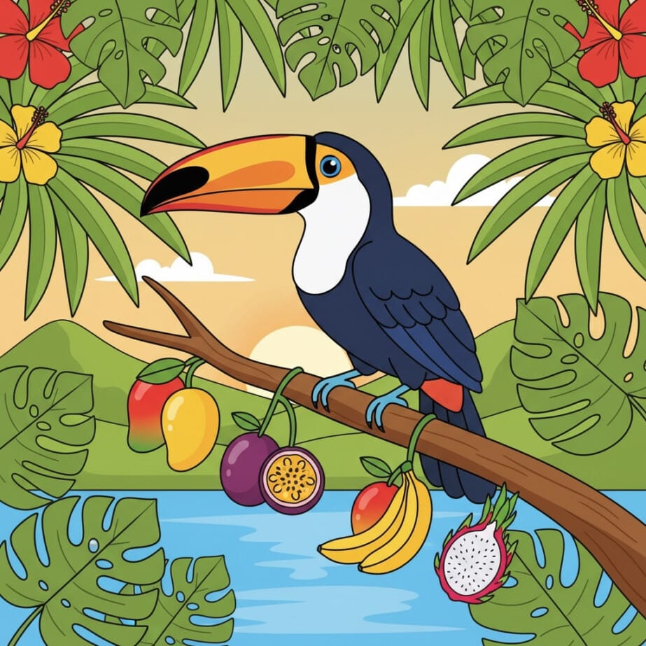 Toucan With Tropical Fruit Coloring Page 2