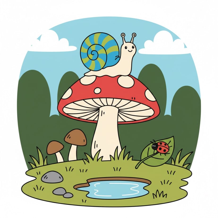 Snail On Mushroom Coloring Page 2