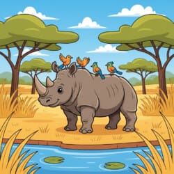 Rhino With Birds Coloring Page - Origin image