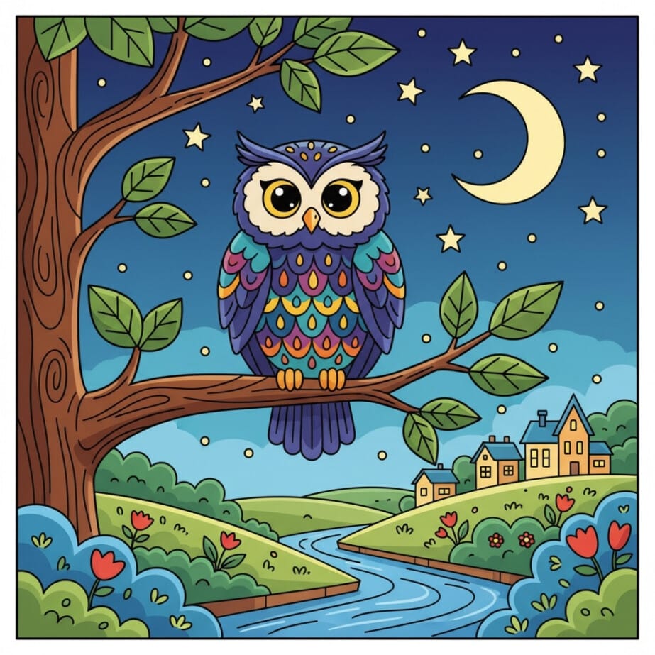 Owl In Night Sky Coloring Page 2