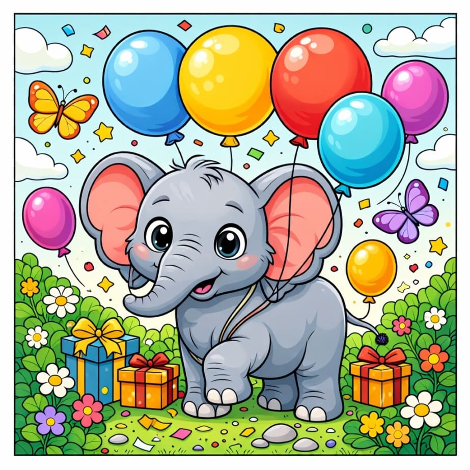 Elephant With Balloons Coloring Page 2