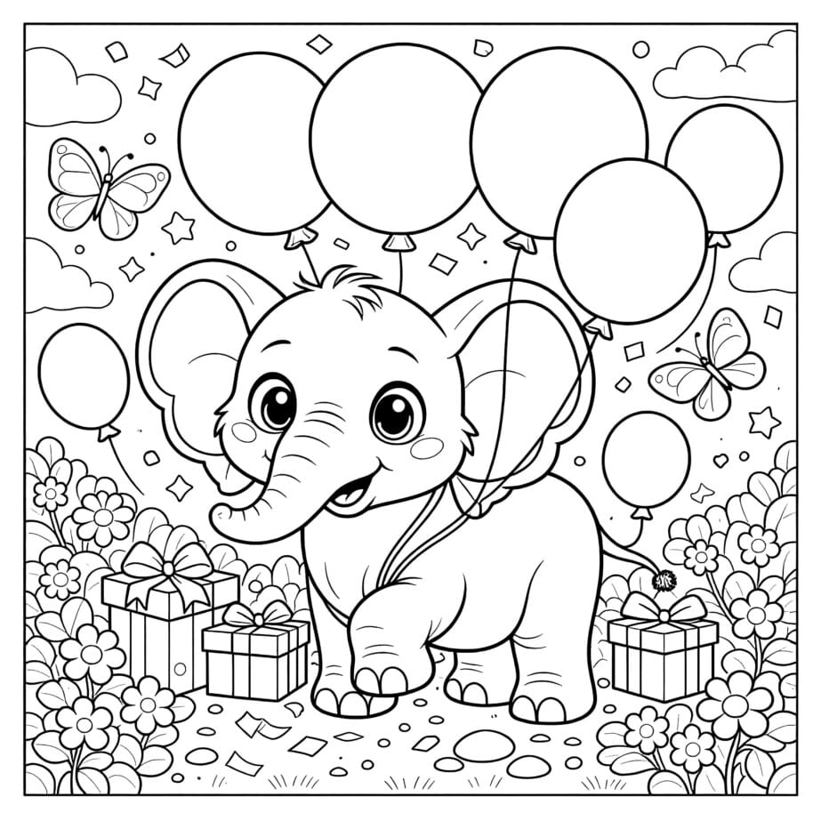 Elephant With Balloons Coloring Page