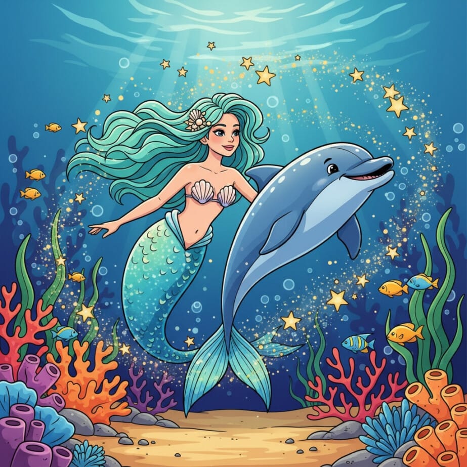 Mermaid And Dolphin Coloring Page 2
