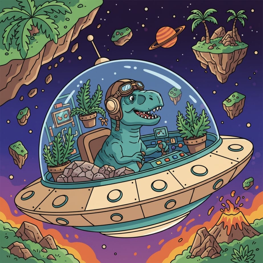 Dinosaur In Spaceship Coloring Page 2