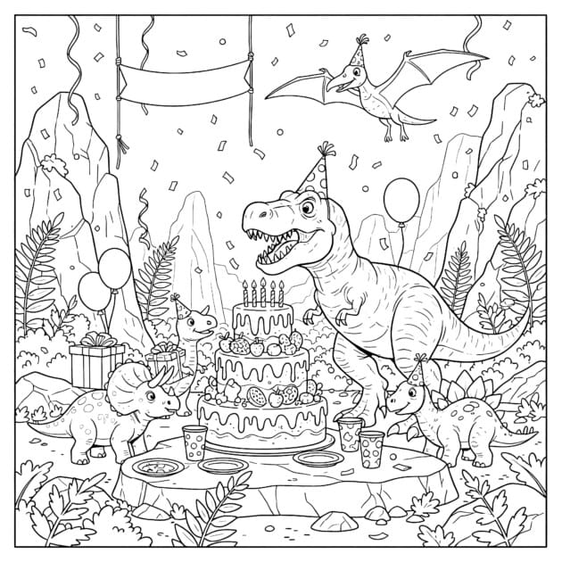 Dino Birthday Party Coloring Page | Coloring Pages Mimi Panda