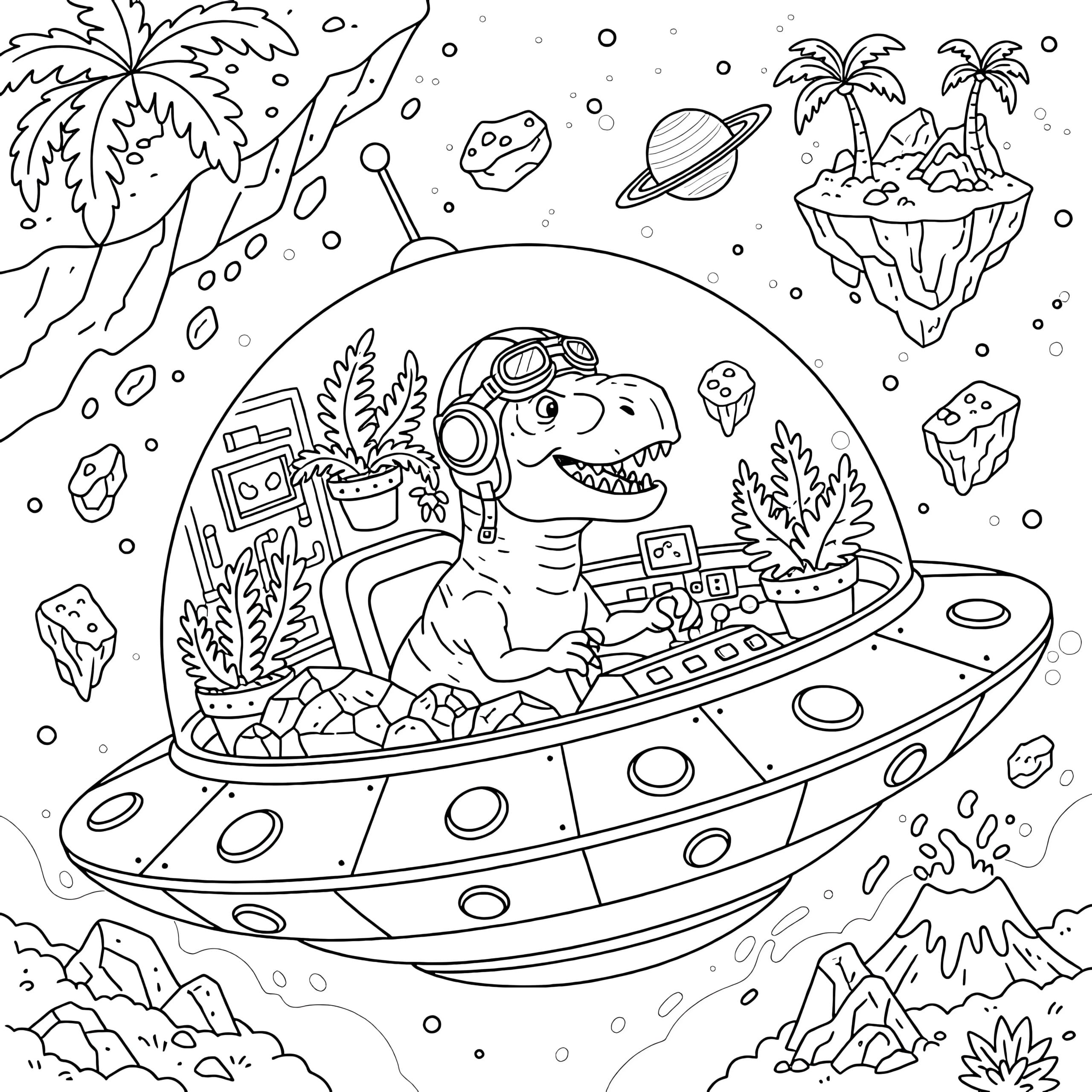 Dinosaur In Spaceship Coloring Page | Coloring Pages Mimi Panda