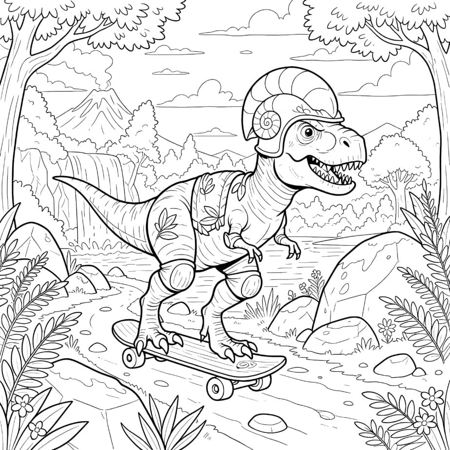 Dinosaur On Skateboard Coloring Page