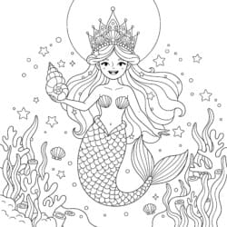 Mermaid With Seashell Crown Coloring Page - Printable Coloring page