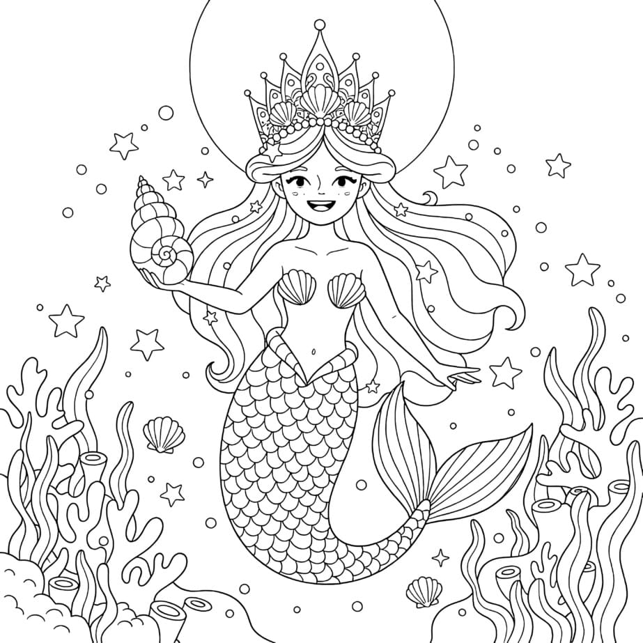 Mermaid With Seashell Crown Coloring Page