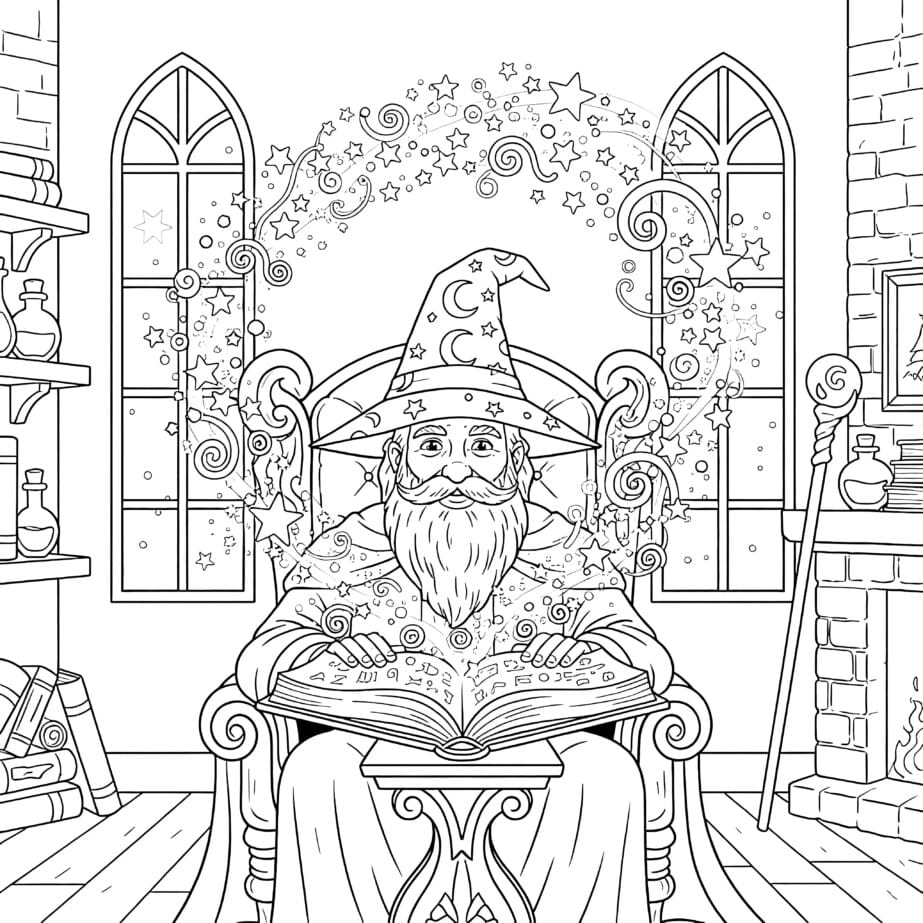 Wizard Reading Spellbook Coloring Page