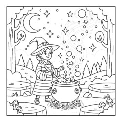 Witch Stirring Cauldron Coloring Page - Printable Coloring page