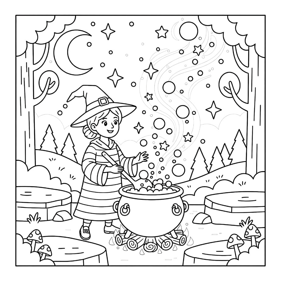 Witch Stirring Cauldron Coloring Page
