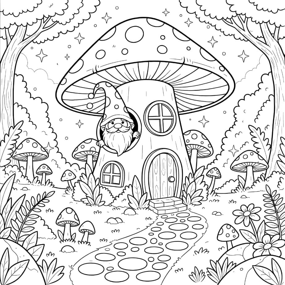 Gnome In Mushroom House Coloring Page