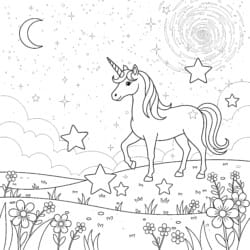 Unicorn In Star Meadow Coloring Page - Printable Coloring page