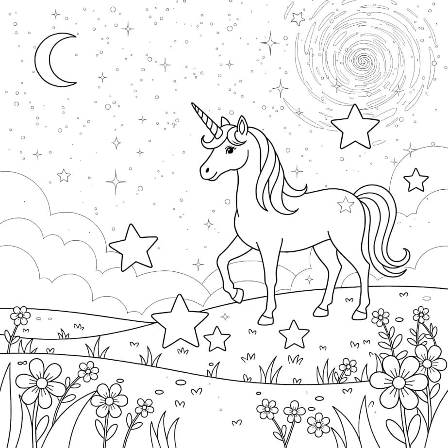 Unicorn In Star Meadow Coloring Page